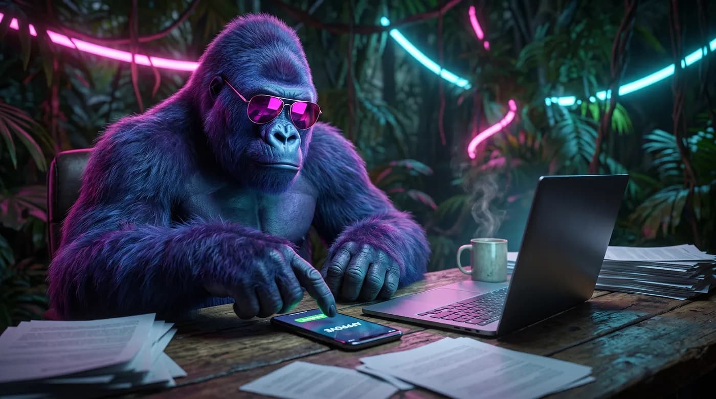 The Neon Gorilla approving the morning's drafted messages over coffee